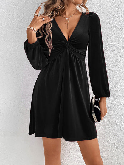 A-Line High Waisted Knot Pleated Solid Color Split-Joint Velvet Deep V-Neck Mini Dresses