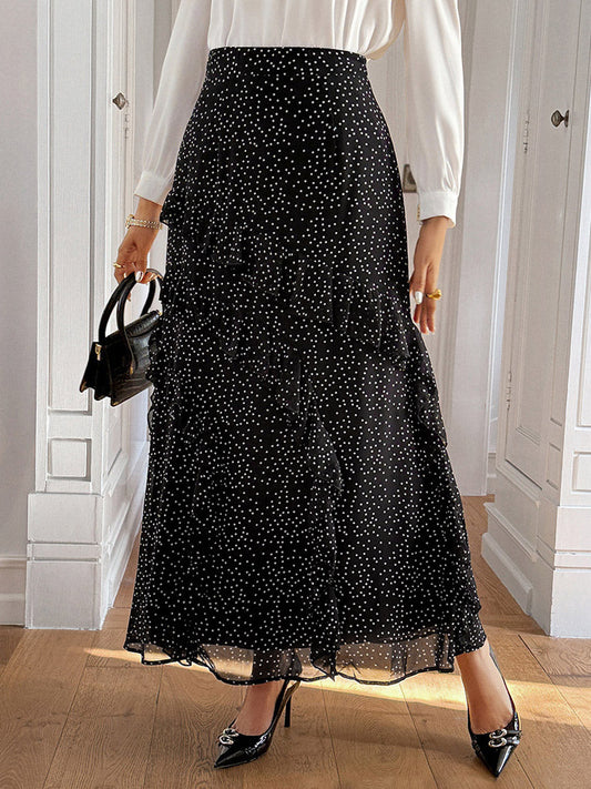 A-Line High Waisted Contrast Color Layered Polka-Dot Ruffled Split-Joint Skirts Bottoms