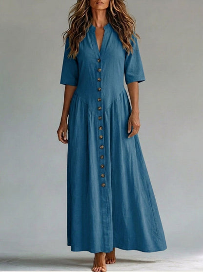 Half Sleeves Puff Sleeves Buttoned Pleated Solid Color Split-Joint Deep V-Neck Maxi Dresses
