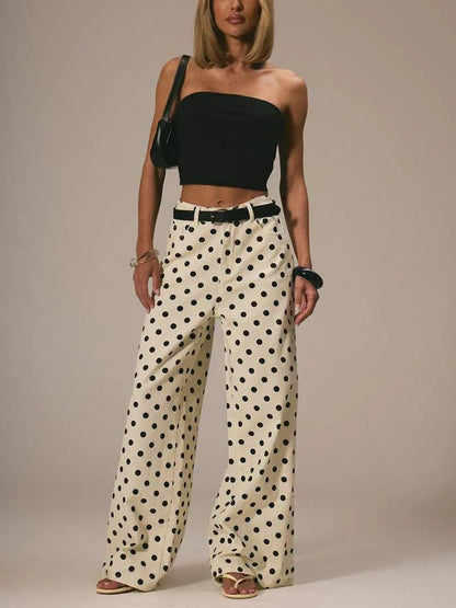 High Waisted Wide Leg Buttoned Contrast Color No Belt Polka Dot Zipper Pants Trousers