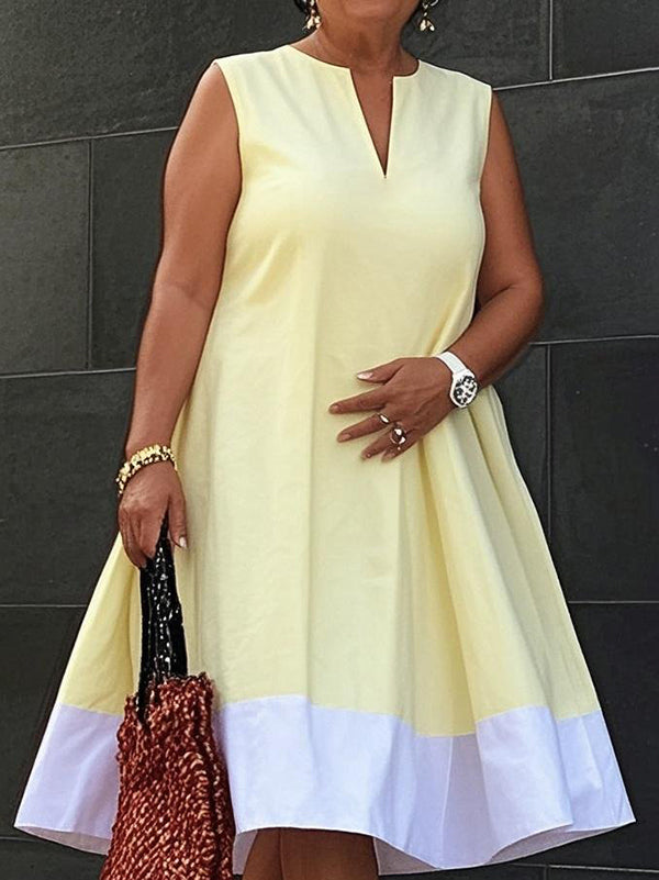A-Line Loose Contrast Color Pockets V-Neck Midi Dresses