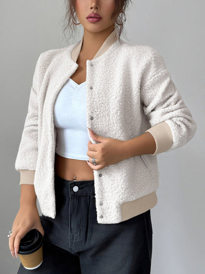 Long Sleeves Buttoned Elasticity Pockets Solid Color Collarless Jackets&Coats