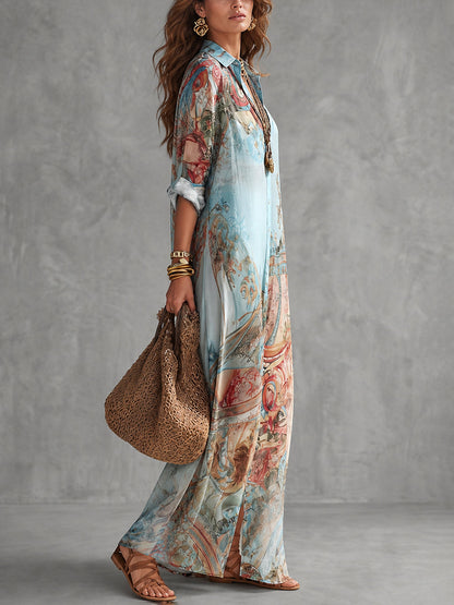 Long Sleeves Loose Buttoned Contrast Color Pockets Printed Lapel Maxi Dresses Shirt Dress