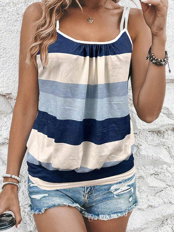 Loose Sleeveless Contrast Color Pleated Spaghetti-Neck Vest Top