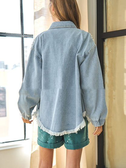 High-Low Long Sleeves Fringed Split-Joint Lapel Denim Jackets