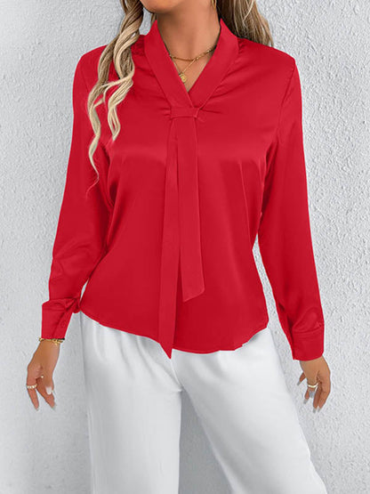 Long Sleeves Loose Solid Color Split-Joint Streamer Scarf Collar Blouses&Shirts Tops