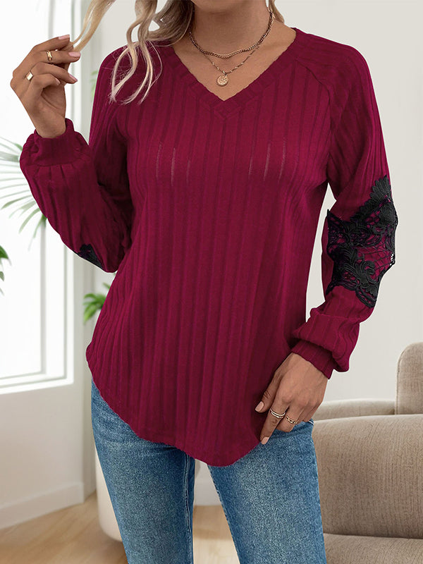 Long Sleeves Loose Split-Joint V-Neck T-Shirts Tops