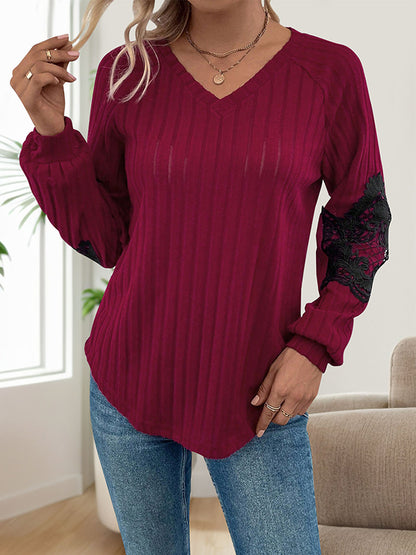 Long Sleeves Loose Split-Joint V-Neck T-Shirts Tops
