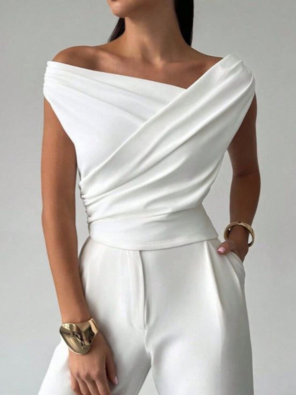 Short Sleeves Skinny Asymmetric Pleated Solid Color Split-Joint Asymmetric Neckline T-Shirts Tops