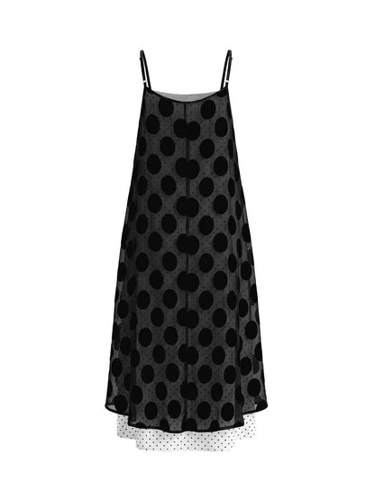 False Two Sleeveless Contrast Color Polka Dot See-Through Spaghetti-Neck Midi Dresses Slip Dress