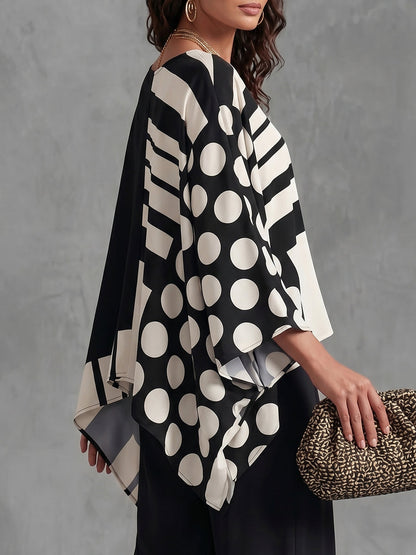 Batwing Sleeves Long Sleeves Contrast Color Polka-Dot Printed Round-Neck T-Shirts Tops