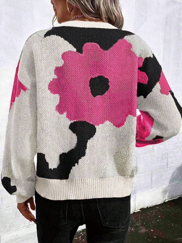 Loose Puff Sleeves Asymmetric Knitted Flower Split-Joint Round-Neck Sweater Tops