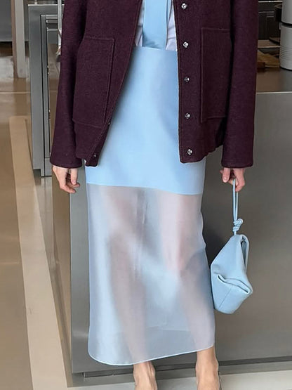Elasticated Waist High Waisted Layered See-Through Solid Color Split-Joint Skirts Bottoms