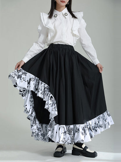High Waisted Loose Asymmetric Elasticity Pleated Printed Ruffled Split-Joint Skirts Bottoms