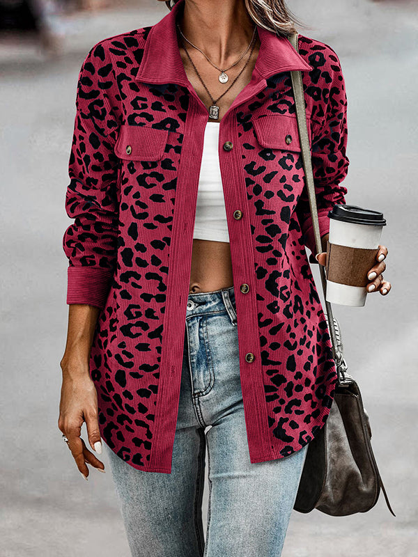 Long Sleeves Loose Buttoned Leopard Pockets Split-Joint Lapel Jackets Outerwear