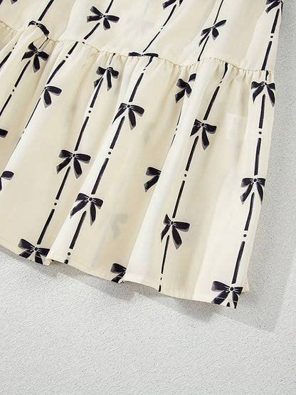 A-Line Loose Bowknot Contrast Color Printed Split-Joint Stand Collar Midi Dresses