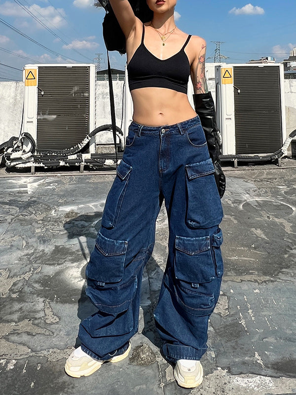 Original Wide Leg Loose Split-Joint With Big Pockets Jean Pants Bottoms