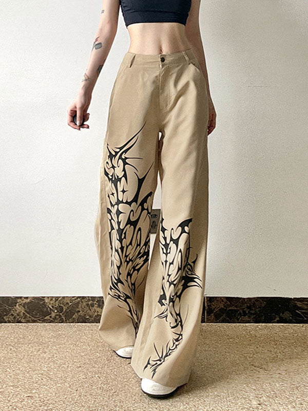 High Waisted Loose Asymmetric Printed Split-Joint Pants Trousers