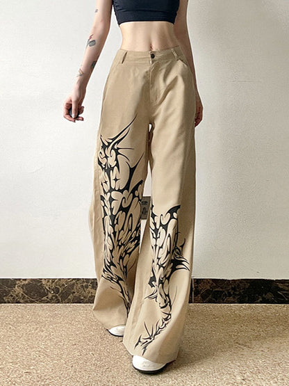 High Waisted Loose Asymmetric Printed Split-Joint Pants Trousers