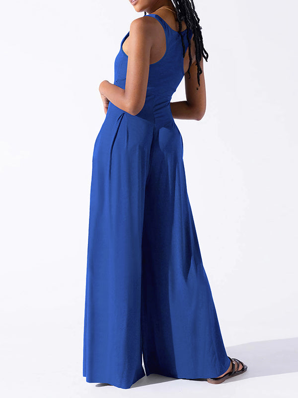 Loose Sleeveless Pleated Solid Color Spaghetti-Neck Jumpsuits