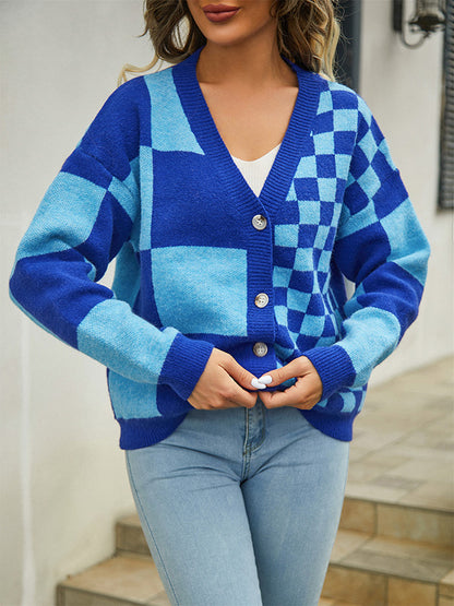 Long Sleeves Loose Buttoned Contrast Color Plaid Split-Joint V-Neck Cardigan Tops