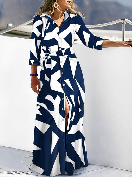 High Waisted Long Sleeves Buttoned Printed Tied Waist V-Neck Maxi Dresses Shirt Dress