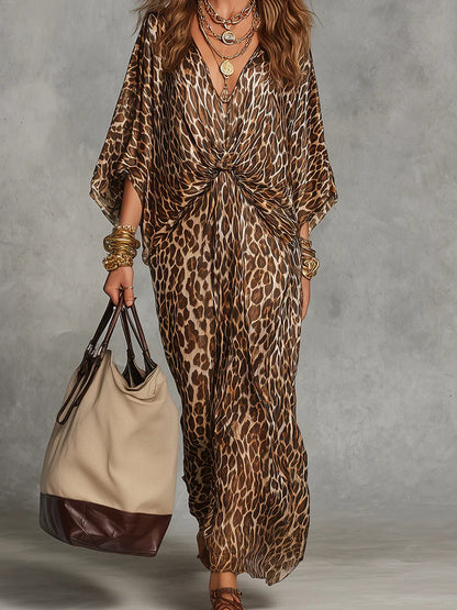 High Waisted Long Sleeves Knot Leopard V-Neck Maxi Dresses