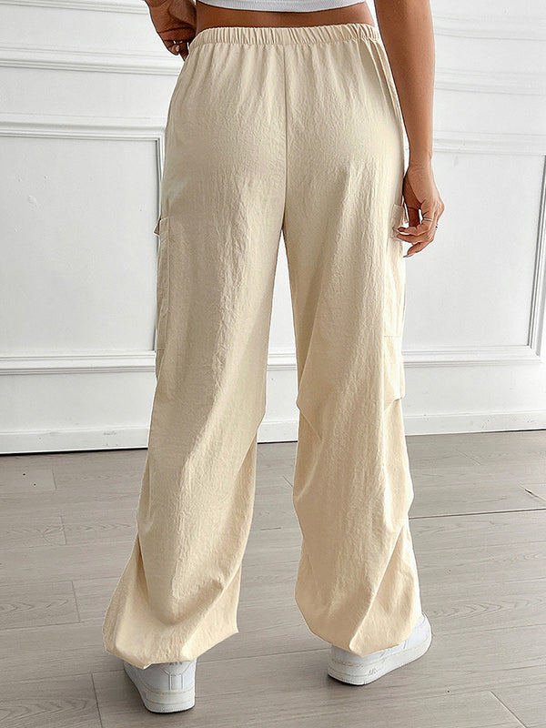 High Waisted Loose Drawstring Elasticity Pleated Pockets Solid Color Pants Trousers