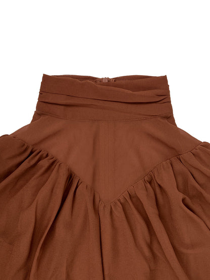 Cape Irregularity Layered Pleated Ruffled See-Through Solid Color Split-Joint High Neck Maxi Dresses