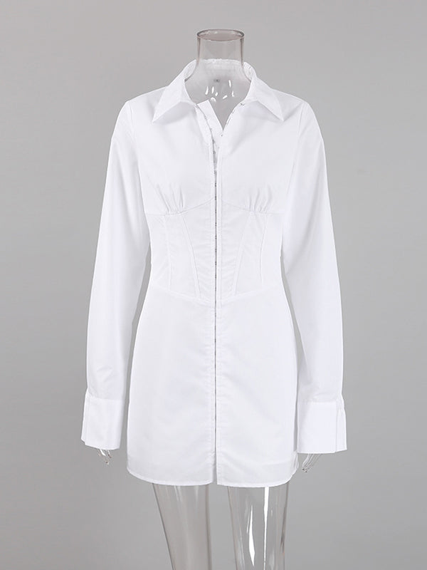 High Waisted Long Sleeves Buckle Solid Color Split-Front Lapel Mini Dresses