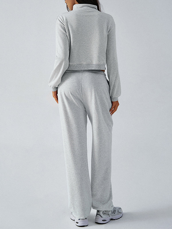 Long Sleeves Loose Pockets Solid Color Split-Joint Zipper Stand Collar Sweatshirt Tops