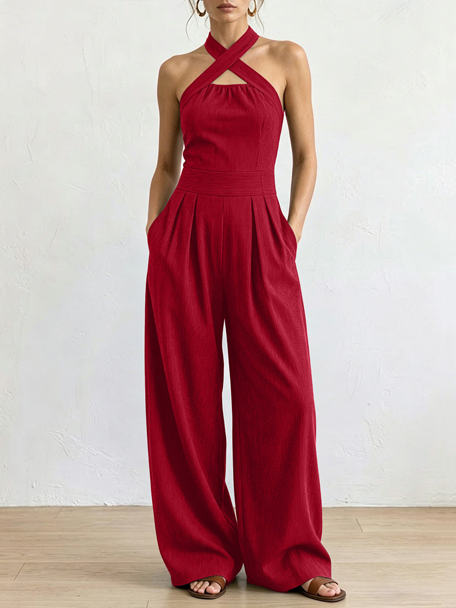 High Waisted Plus Size Pleated Pockets Solid Color Halter-Neck Jumpsuits