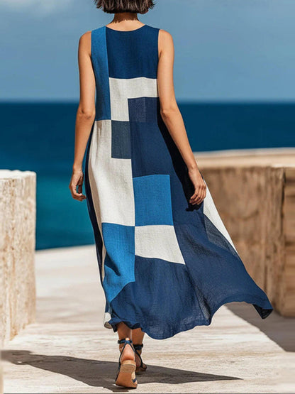 A-Line Loose Contrast Color Pockets Split-Joint Round-Neck Maxi Dresses