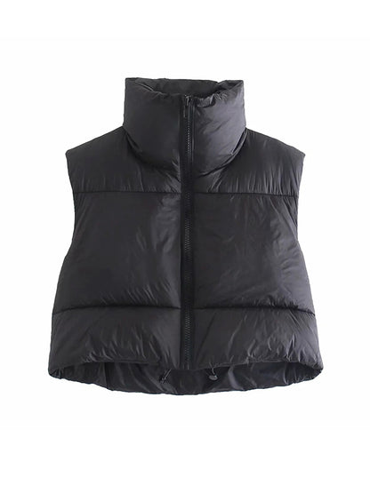 Skinny Sleeveless Solid Color Zipper Stand Collar Padded Vest Vest Top