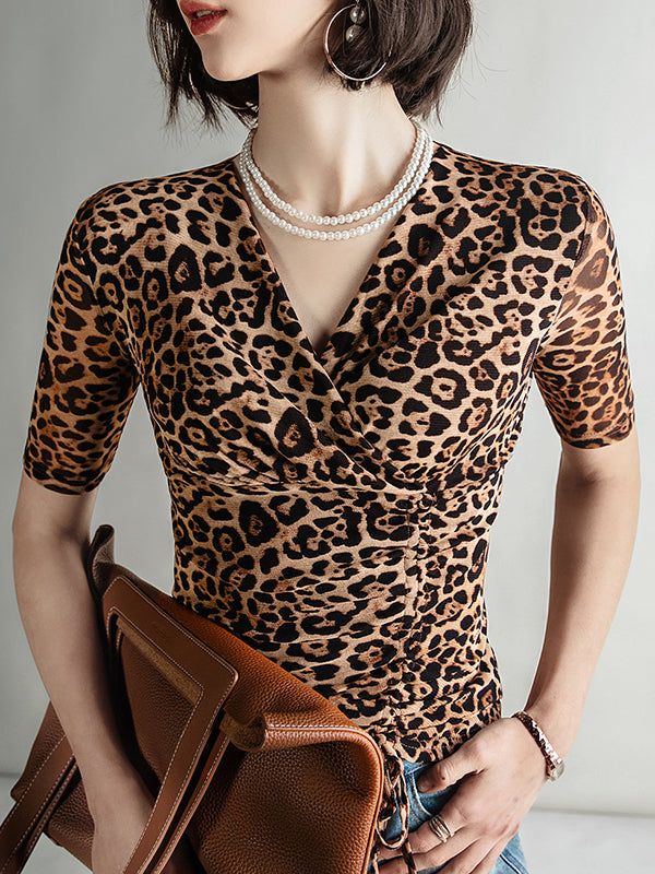 Half Sleeves Skinny Leopard Pleated V-Neck T-Shirts Tops