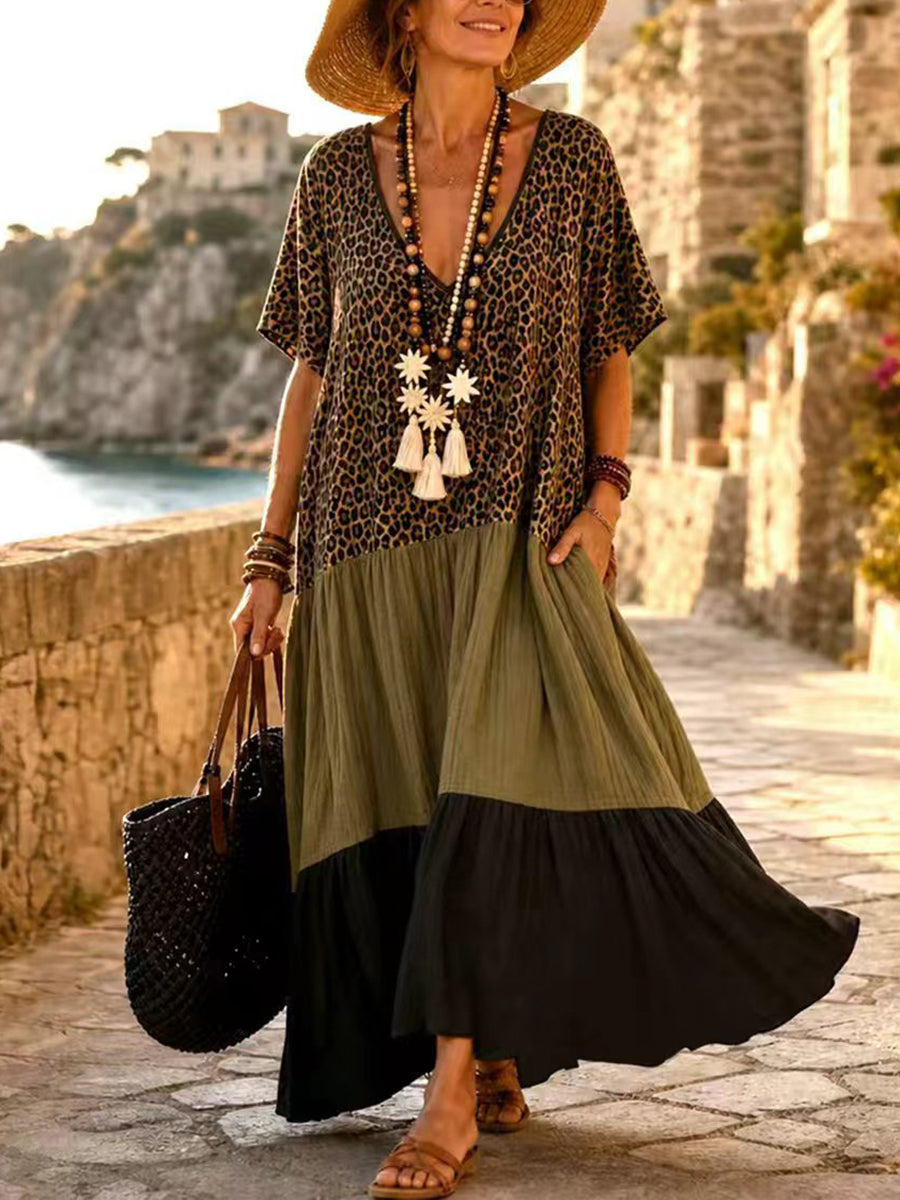 Split-Joint Printed Pleated Leopard Loose Half Sleeves Deep V-Neck Maxi Dresses