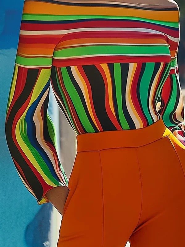 Long Sleeves Loose Contrast Color Striped Halter-Neck T-Shirts Tops