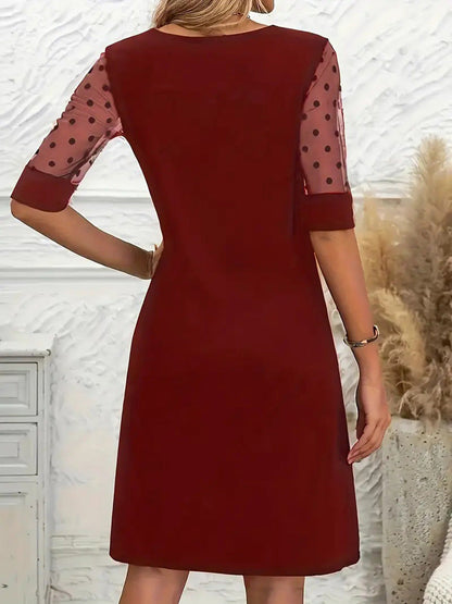A-Line Half Sleeves Polka-Dot See-Through Solid Color Split-Joint Round-Neck Mini Dresses