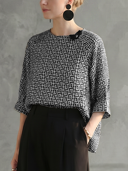 Long Sleeves Contrast Color Printed Round-Neck Blouses&Shirts Tops