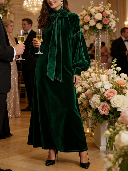A-Line Long Sleeves Bow-Embellished Pleated Solid Color Split-Joint High Neck Maxi Dresses