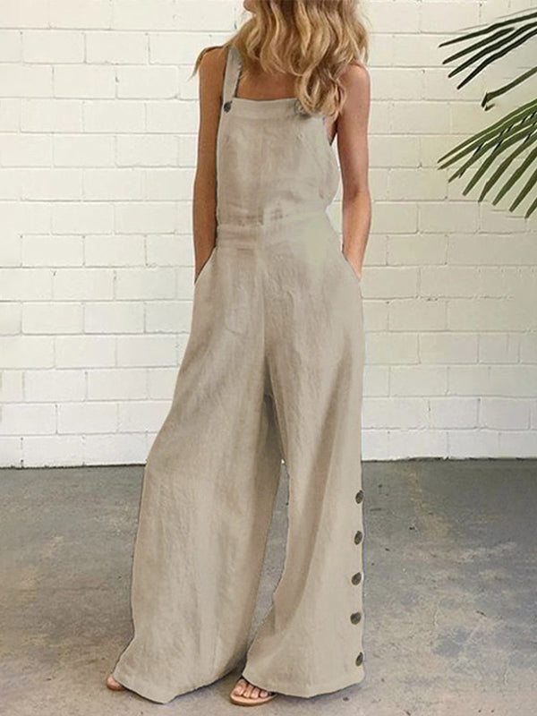 High Waisted Loose Buttoned Pockets Solid Color Spaghetti-Neck Overalls