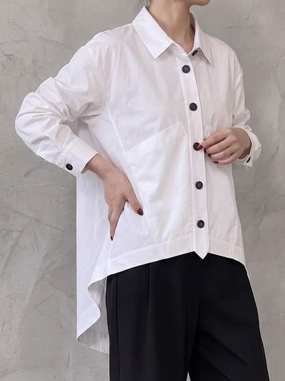 Solid Color Pockets Buttoned Long Sleeves High-low Lapel Blouses&shirts Tops