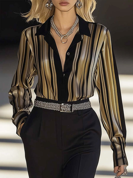 Long Sleeves Buttoned Striped Lapel Blouses&Shirts Tops