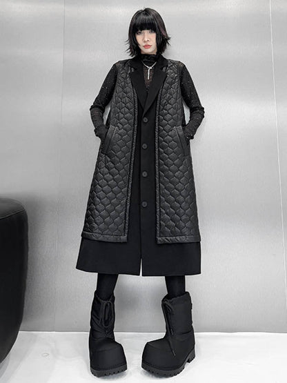 Loose Sleeveless Buttoned Plaid Pockets Solid Color Split-Joint Notched Collar Outerwear Padded Vest