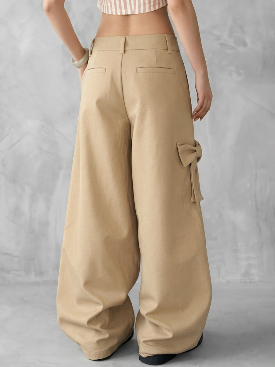 High Waisted Loose Bowknot Buttoned Pockets Solid Color Split-Joint Zipper Pants Trousers