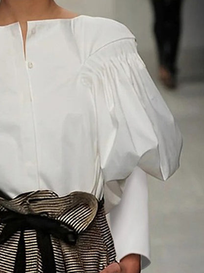 Loose Puff Sleeves Pleated Solid Color Split-Joint Round-Neck Blouses