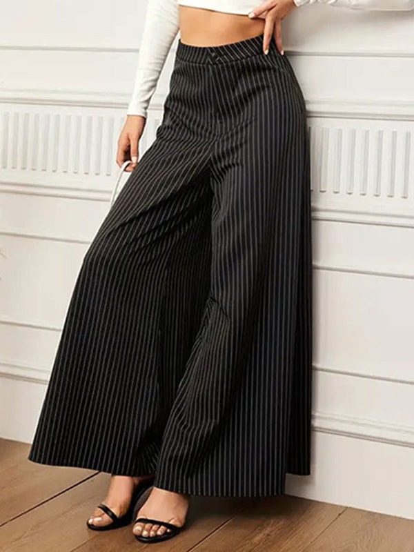 High Waisted Wide Leg Buttoned Split-Joint Striped Pants Trousers