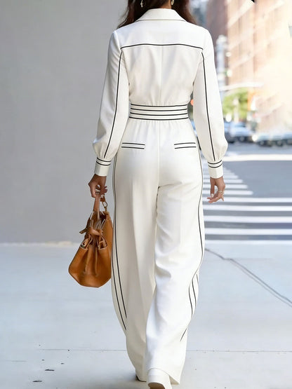 High Waisted Long Sleeves Contrast Color Pleated Pockets Notched Collar Jumpsuits