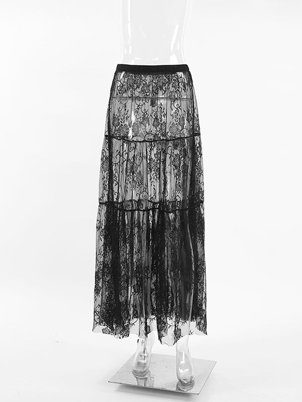 A-Line High Waisted Elasticity Hollow Jacquard Mesh See-Through Split-Joint Skirts Bottoms