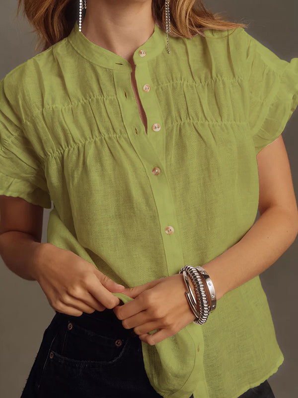 Loose Short Sleeves Pleated Ruffled See-Through Split-Joint Round-Neck Blouses&Shirts Tops